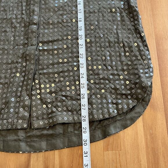 Maeve Anthropologie Blouse Size Med Sequined Olive Green Buttoned Shirt Chic - Picture 14 of 14